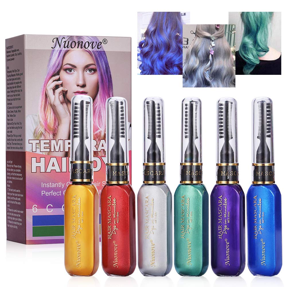 Temporary Hair Dye, Hair Chalk Comb, Hair Dye Kit, Dye Touchup Mascara, 6 Colors Hair Chalk Non-Toxic Perfect for Girls Kids Adults for Halloween Christmas Birthday Party, Cosplay