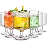 DEAYOU Set of 6 Ribbed Vintage Wine Glasses, 8 oz Clear Interlocking Ribbed Water Goblet Glasses, Unique Short Stem Cocktail Glasses for Iced Tea, Juice, Whiskey, Beer, Dessert, Party