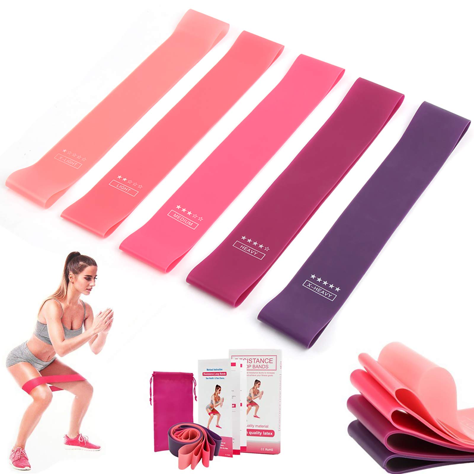 Resistance Bands for Legs and Glutes, Exercise Resistance Loop Bands for Home Gym Fitness, Workout, Yoga, Pilates, Strength Training, Booty Bands with Exercise Guide & Carry Bag (Set of 5)