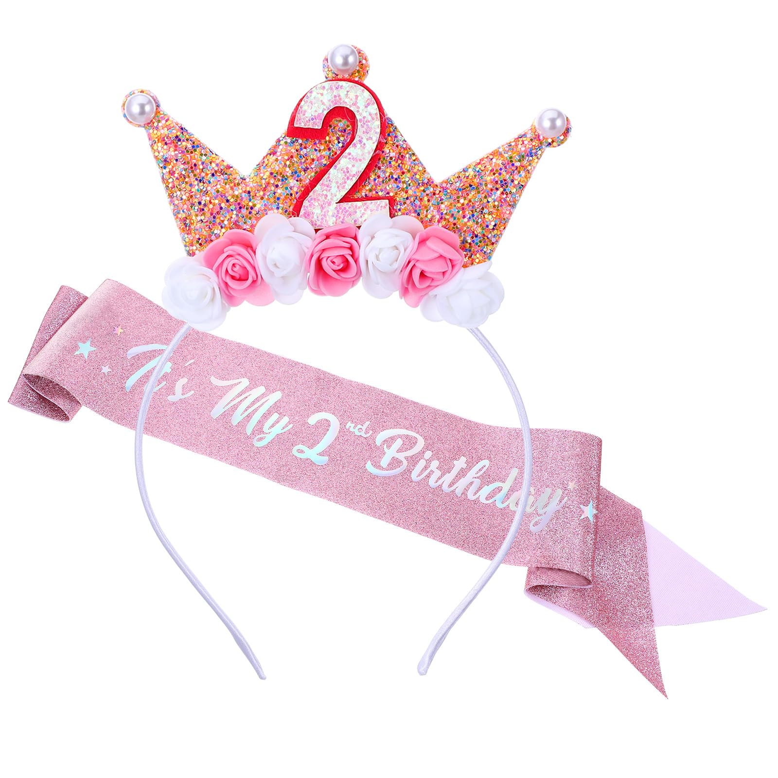 Birthday Crown Headbands for Kids Toddlers Flower Birthday Tiara and Sash Set Pink Glitter Pearl Hair Band Accessories 2 Year Old Girl Birth-day Decorations Gifts