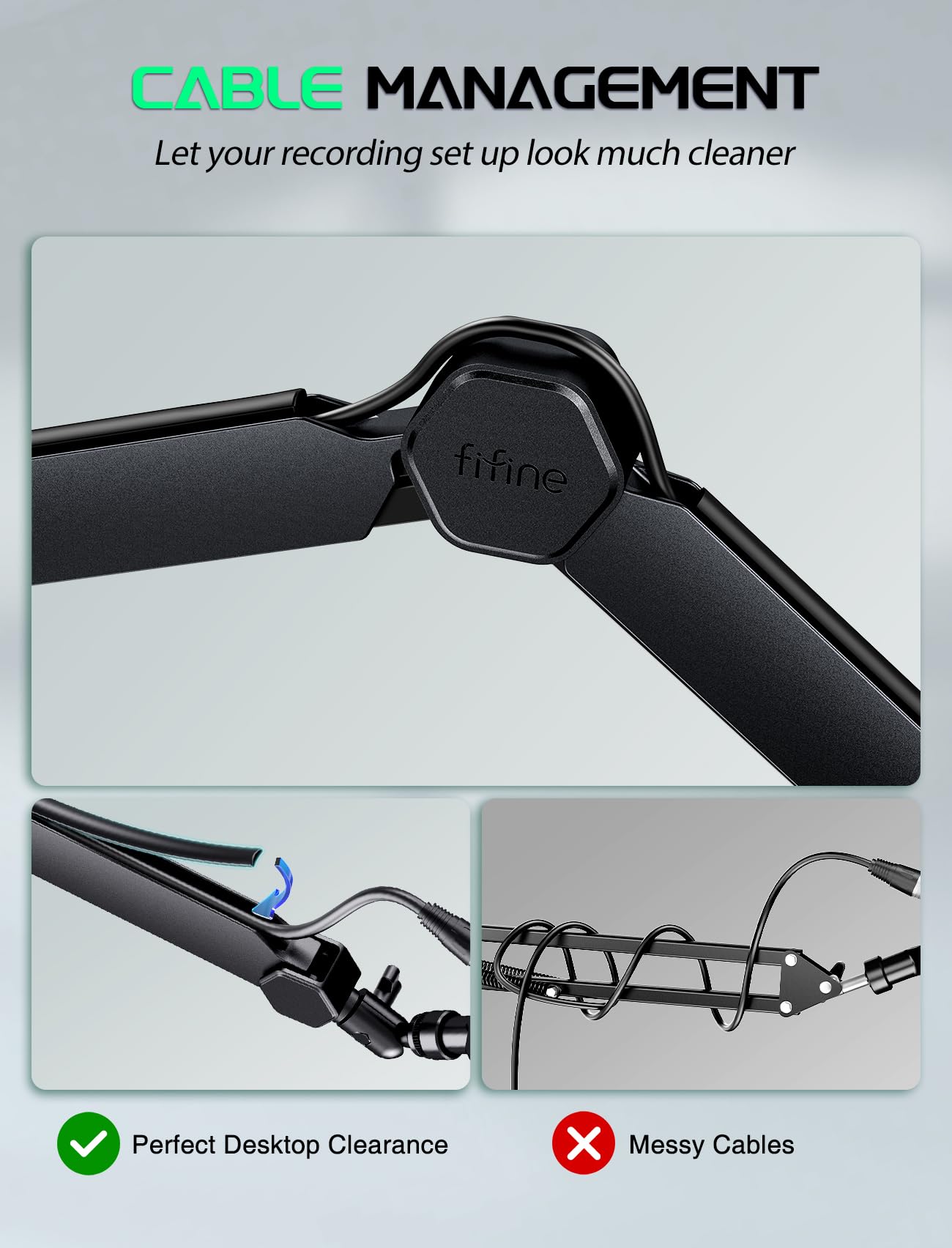 FIFINE Mic Boom Arm, Microphone Stand with Cable Management Channels, Extension Tube, Desk Clamp, Thread Adapter, Fully Adjustable Metal-Built Podcast Mic Arm for Streaming Gaming Recording-BM66T