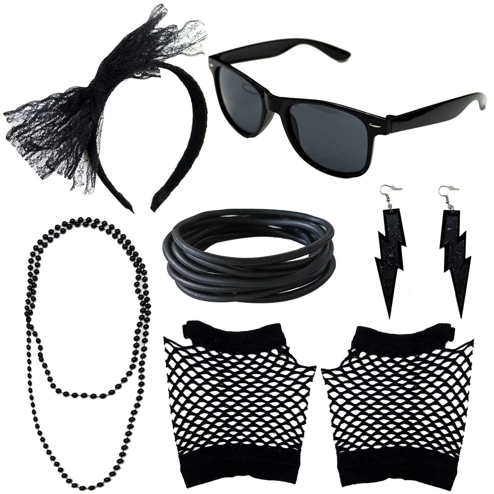 LAMXD 80s Accessories 80s Costume Accessories Fancy Dress Accessories Set Lace Headband Glasses Silicone Bracelets Fishnet Gloves Neon Earrings for 80s Retro Party
