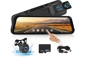 NHOPEEW 9.66 Inch IPS Touchscreen Rear View Mirror Camera - 1080P Car Cameras Front and Rear - Loop Recording/G-Sensor/WDR/Dual Lens + AHD Backup Camera & 64GB TF Card