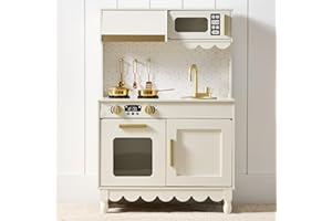 Best Choice Products Wooden Pretend Play Cottage Kitchen Kids Toy w/Storage, Scalloped Edge, 5 Accessories, Microwave, Oven, Clicking Knobs - Cream