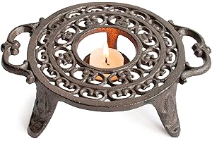 VSPDVO 9 Inches Cast Iron Teapot Warmer Dish Cups Trivet,Round-Shaped Double Eared Design with Tealight Holder - Heavy Duty & Decorative Candle Holder Stands for Heat Food Coffee Milk or Tea