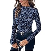 SOLY HUX Women's Leopard Print Tops Mock Neck Long Sleeve Going Out Tops Y2K Fitted Shirt Mesh Cheetah Print Top