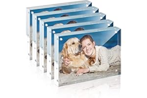 Picture Frames Acrylic, TWING 5 Pack 4x6 Acrylic Frame, Horizontal Magnet Double Sided 4x6 Picture Frame,12+12MM Thick Clear Frameless Desktop Display Self Standing Magnetic Acrylic Block Photo Frame