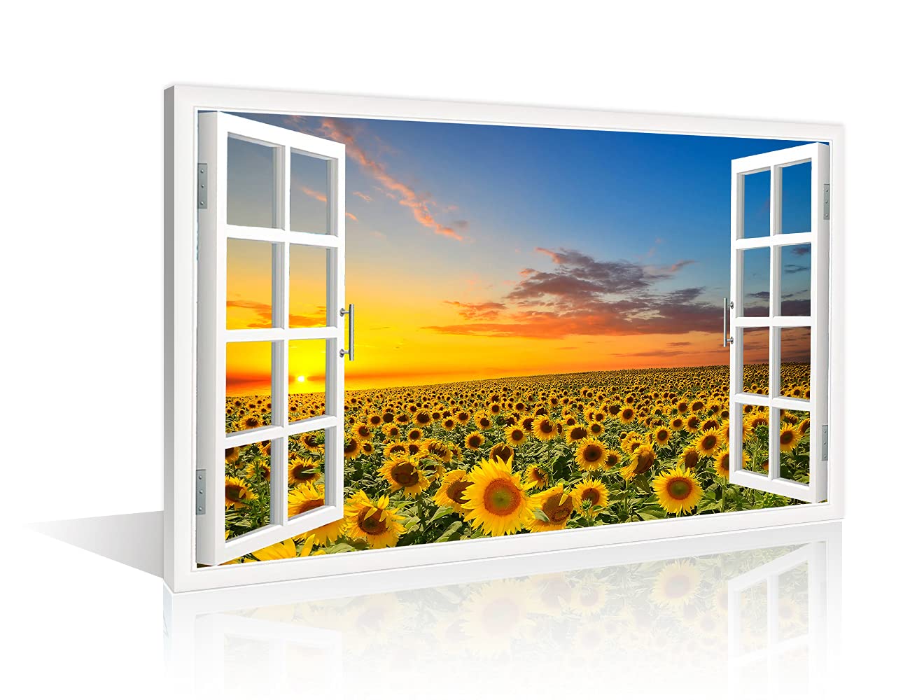 TISHIRON Wall Decorations Sunflower 3D Window View for Living Room Painting Pictures Print On Canvas Wall Art Wooden Frame Ready to Hang (18X12in)