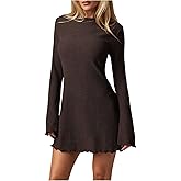 BEAUDRM Women's Lettuce Trim Mini Dress Y2k Bell Long Sleeve Crew Neck Going Out Party Dresses