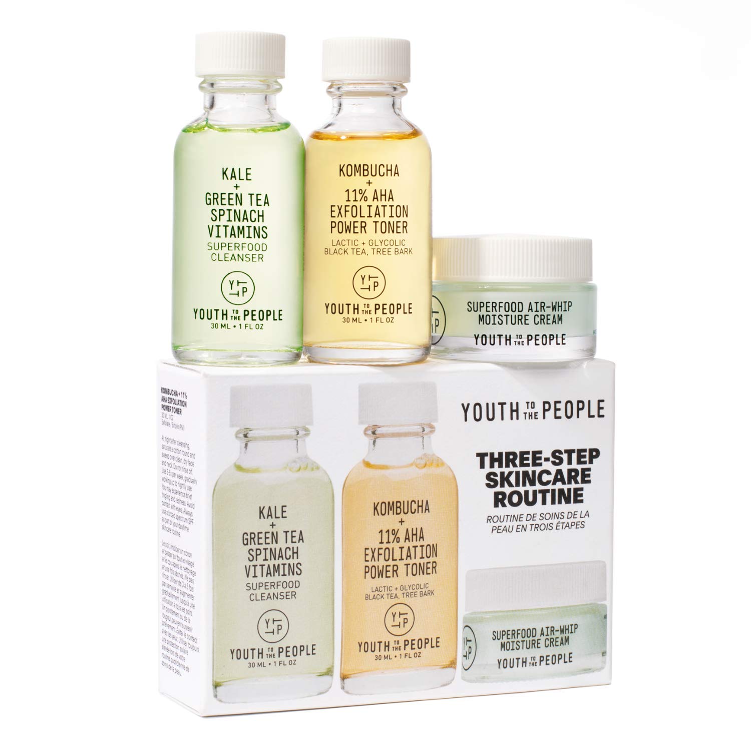Youth To The People Mini Three Step Skincare Set - Superfood Cleanser (1oz) + Kombucha + 11% AHA Exfoliation Power Toner (1oz) + Superfood Air-whip Moisture Cream (0.5oz) Vegan Daily Skincare Set