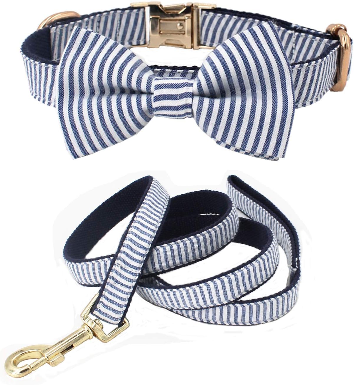 Free Sunday Blue Stripe Seersucker Dog Bow Tie Dog Collar Dog Leash for Small Dog, Medium Dog, Large Dog (M)