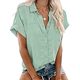 Rapbin Women's Button Down Shirt Short Sleeve Casual Blouse Shirts V Neck Collared Tops