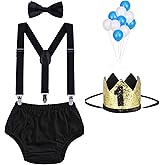 WELROG Baby Boys First Birthday Cake Smash Outfit Bow Tie Suspenders Bloomers Birthday Hat Sparkle Gold Set