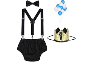 WELROG Baby Boys First Birthday Cake Smash Outfit Bow Tie Suspenders Bloomers Birthday Hat Sparkle Gold Set