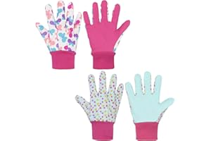 HANDLANDY 2 Pairs Kids Gardening Gloves, Girls Boys Children Garden Work Play Gloves (Pink Butterfly & Dot, Medium)