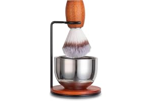 JEQUIL&CORENVEO Shaving Brush Set for Men, 3pcs Wooden Handle Shaving Brush with Stand and Steel Bowl