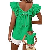 Falechay Womens Bow Tie Back Tops Round Neck Ruffle Short Sleeve Shirts Cute Babydoll Chiffon Tee Women Summer Trendy Tunic
