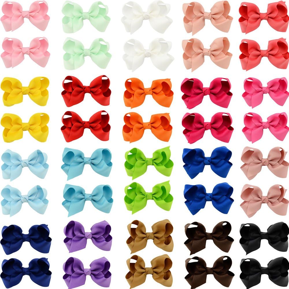 JOYOYO 40 Pcs Little Girls Hair Bow Clips Medium Size 3 Inch - Handmade Grosgrain Ribbon Hair Bows and Clips for Toddlers