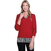 MULTIPLES Women's Long Sleeves Drop Shoulder Ruffle V-Neck 2-fer Look Sweater Top