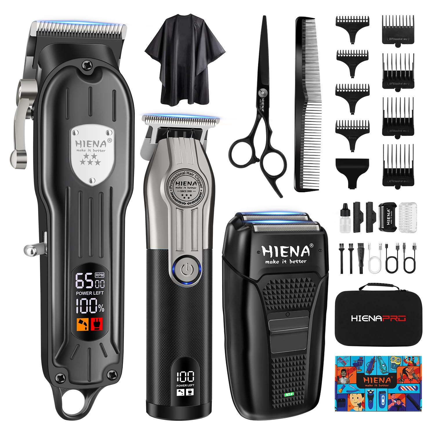 HIENA PRO Professional Hair Clippers Men Cordless Electric Beard Trimmer and Foil Shaver Set Home Hair Cutting Kit Type-C Rechargeable for Barber Clippers with LED Display