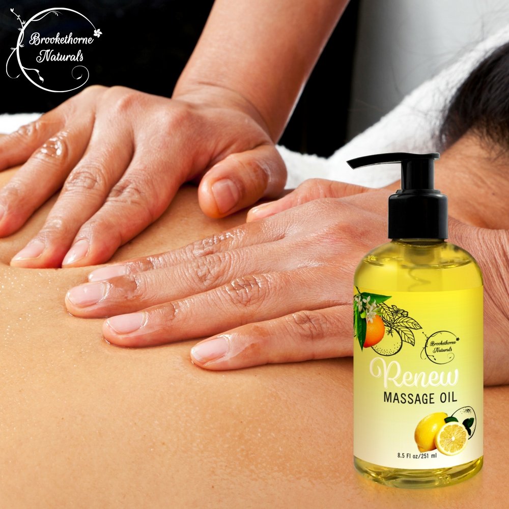 Renew Massage Oil with Orange, Lemon & Peppermint Essential Oils - Great for Massage Therapy or Home use. Ideal for Full Body – with Almond, Grapeseed & Jojoba Oils – By Brookethorne Naturals : Beauty
