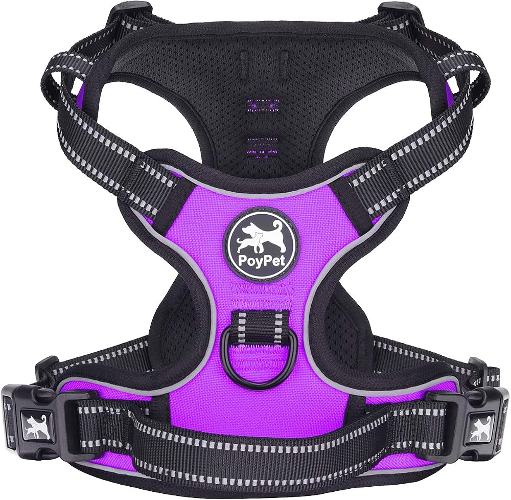PoyPet No Pull Dog Harness Reflective Vest with 2 Leash Attachments (Purple, S)