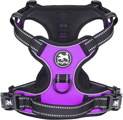 PoyPet No Pull Dog Harness Reflective Vest with 2 Leash Attachments (Purple, S)