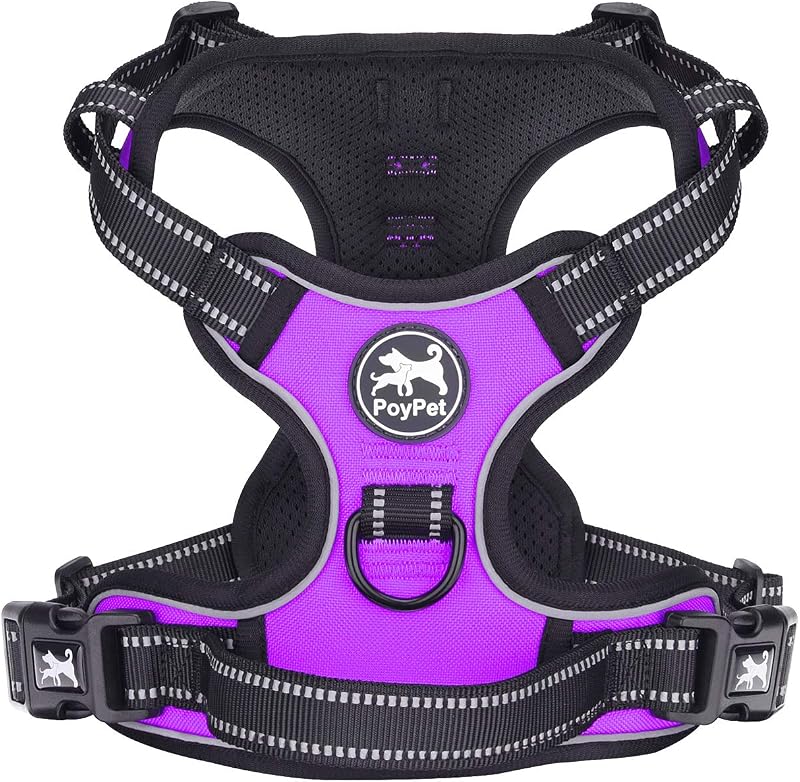 PoyPet No Pull Dog Harness Reflective Vest with 2 Leash Attachments (Purple, S)