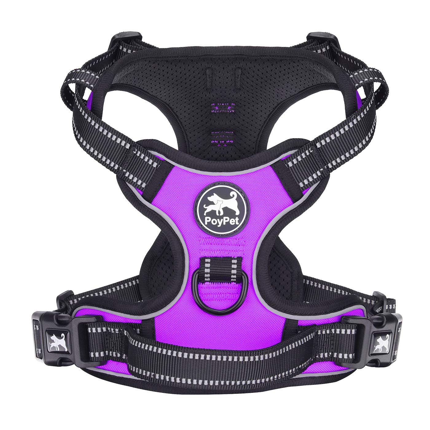 PoyPet No Pull Dog Harness, Reflective Vest Harness with 2 Leash Attachments and Easy Control Handle for Small Medium Large Dog(Purple,L)