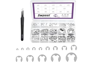 Swpeet 210Pcs 14 Sizes 304 Stainless Steel E-Clip with Tweezers Assortment Kit, M1.5 M2 M2.5 M3 M3.5 M4 M5 M6 M7 M8 M9 M10 M1