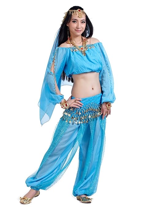 Jasmin Kostüm Damen Jeannie Kostüm Damen Erwachsene Indische Bauchtänzerin Kostüme Blue
