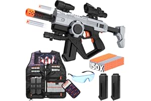 JAKMEAN Automatic Toy Gun with Tactical Vest Set - 150 Darts, Two 20-Round Clips, IR, Scope and Flashligh, Rechargeable Electric Toy Foam Blasters for Kids Ages 8-12, Shooting Games, Birthday & Xmas Gifts