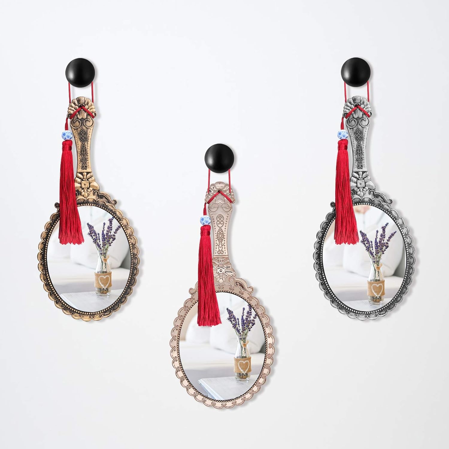 YUSONG Vintage Handheld Mirror, Small Hand Held Decorative Mirrors for Face Makeup Embossed Flower Portable Antique Travel Personal Cosmetic Mirror with Powder Puff (Rose Gold): Beauty