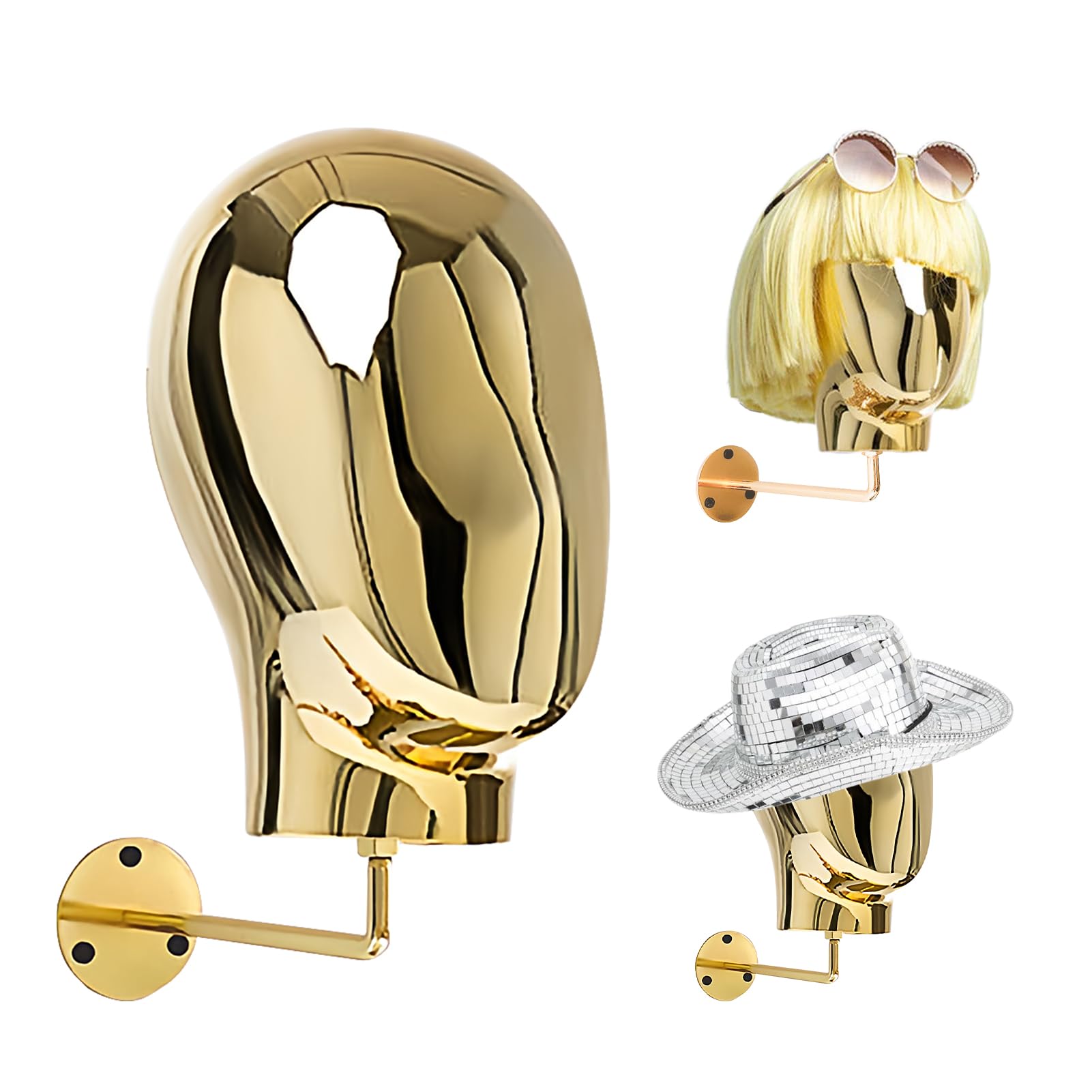 Wall-Mount Hat Display Stand - Wig Head Stands, Detachable Mannequin Head Stand, Durable Plastic Material, for Salons & Beauty Stores, Luxury Look at Home, Head Circumference 52cm/20inch (Gold Stand)