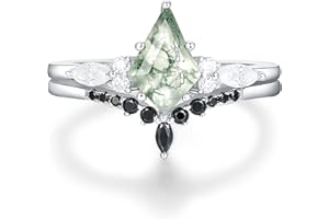IRROYA Genuine Colorless Moissanite Ring Set - 6x9mm Kite Cut Natural Moss Agate Wedding Sets - 925 Silver Bridal Sets - Crea