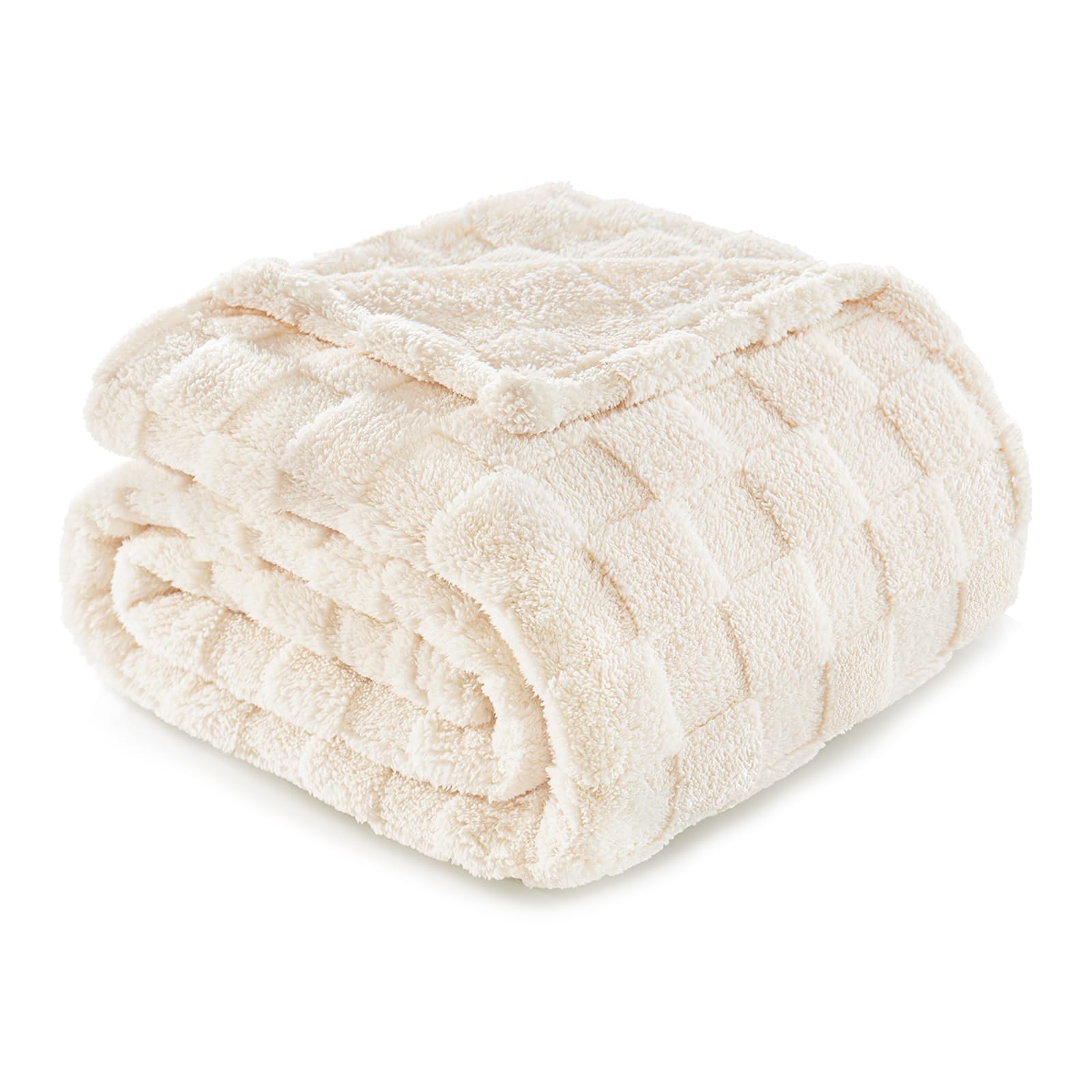 Exclusivo Mezcla Fleece Throw Blanket for Couch,Super Soft and Warm Lightweight Checkered Pattern Blankets for All Seasons, 127x152 CM, Ivory