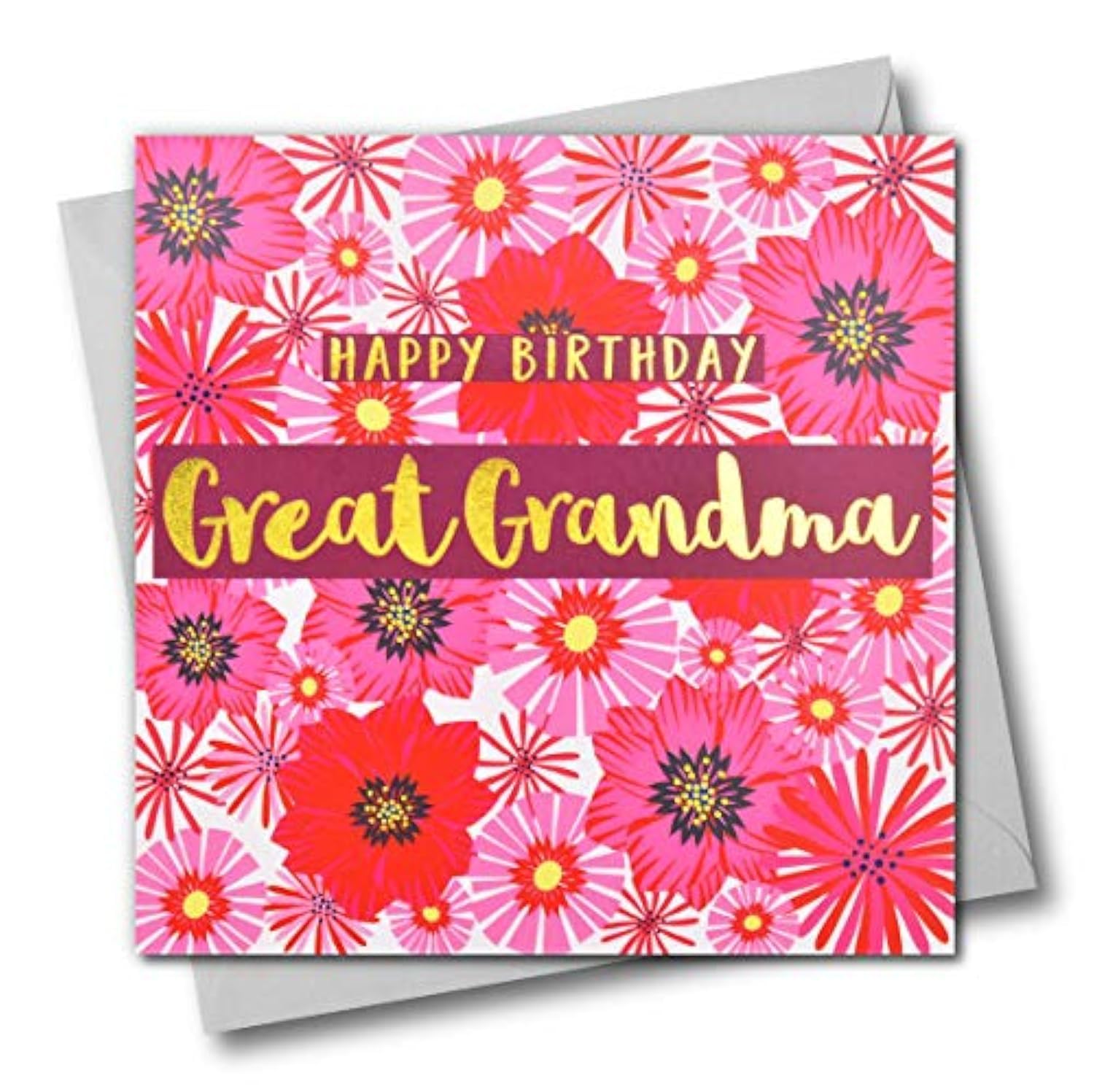 Claire Giles Greeting Cards, Happy Birthday Great Grandma Card, Pink Flowers Design Birthday Greeting Card, Text Foiled in Shiny Gold