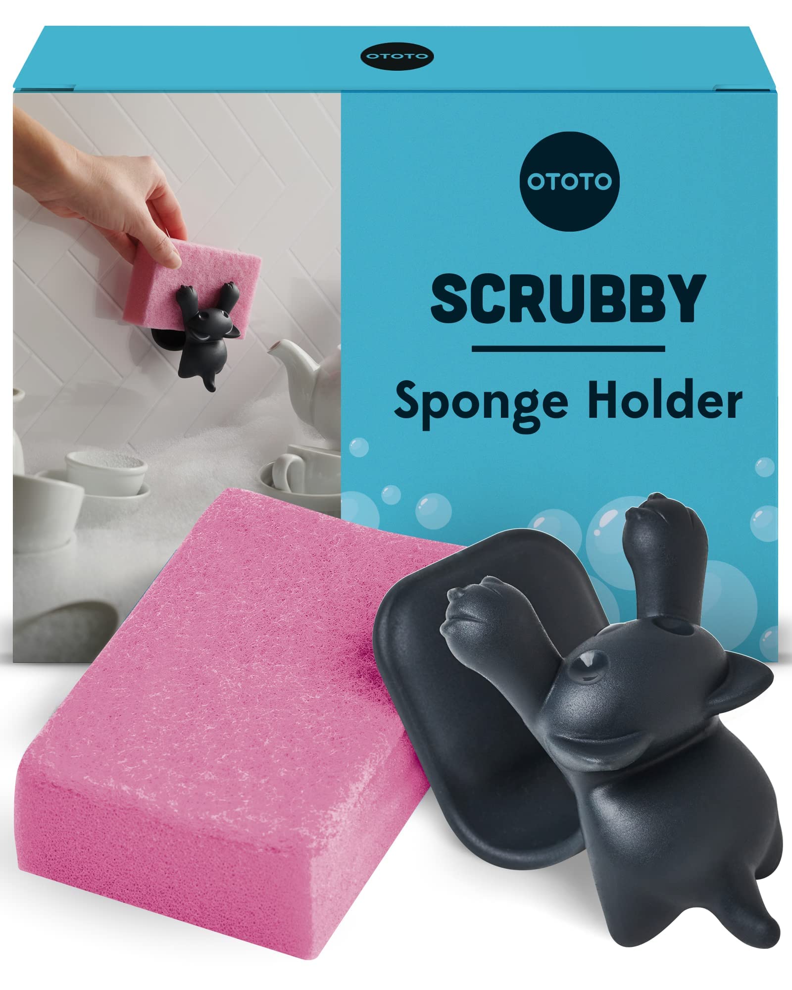 OTOTO Scrubby Sponge Holder for Kitchen Sink - Gray Cat Kitchen Sponge Holder - Dishwasher Safe Dish Sponge Organizer- Rust-Free - 3.9x3.1x3.9 inches