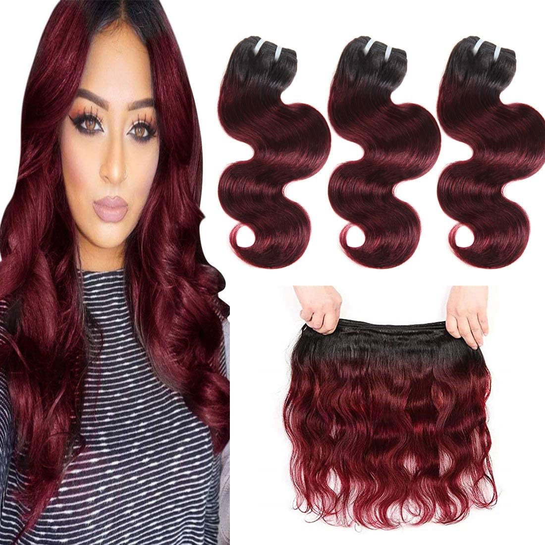 Bk Beckoning Ombre Burgundy Bundles Body Wave - 10 12 14 Inches 50g/Piece Two Tone Bundles Human Hair 1b 99j Wine Red Virgin Hair Extensions Black Roots Bob Short Hair Weaves