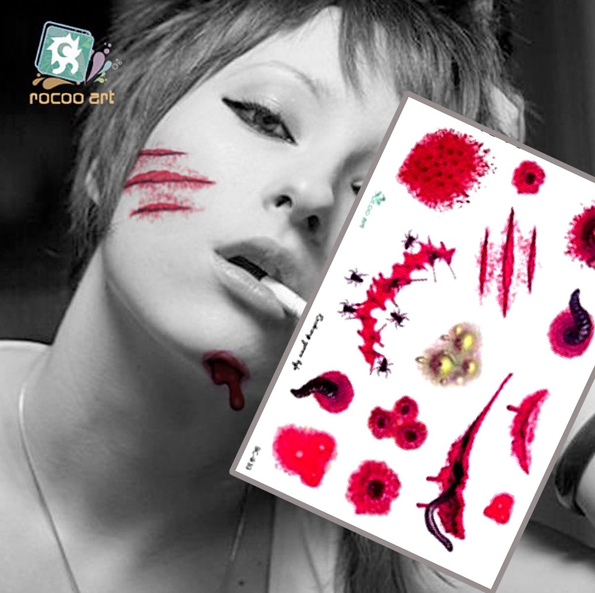 Horror Realistic Scar Tattoo Temporary Waterproof Sticker 8PCS Fake Bloody Wound Scar Scab Stitch Halloween Cos Play Prank Makeup Props
