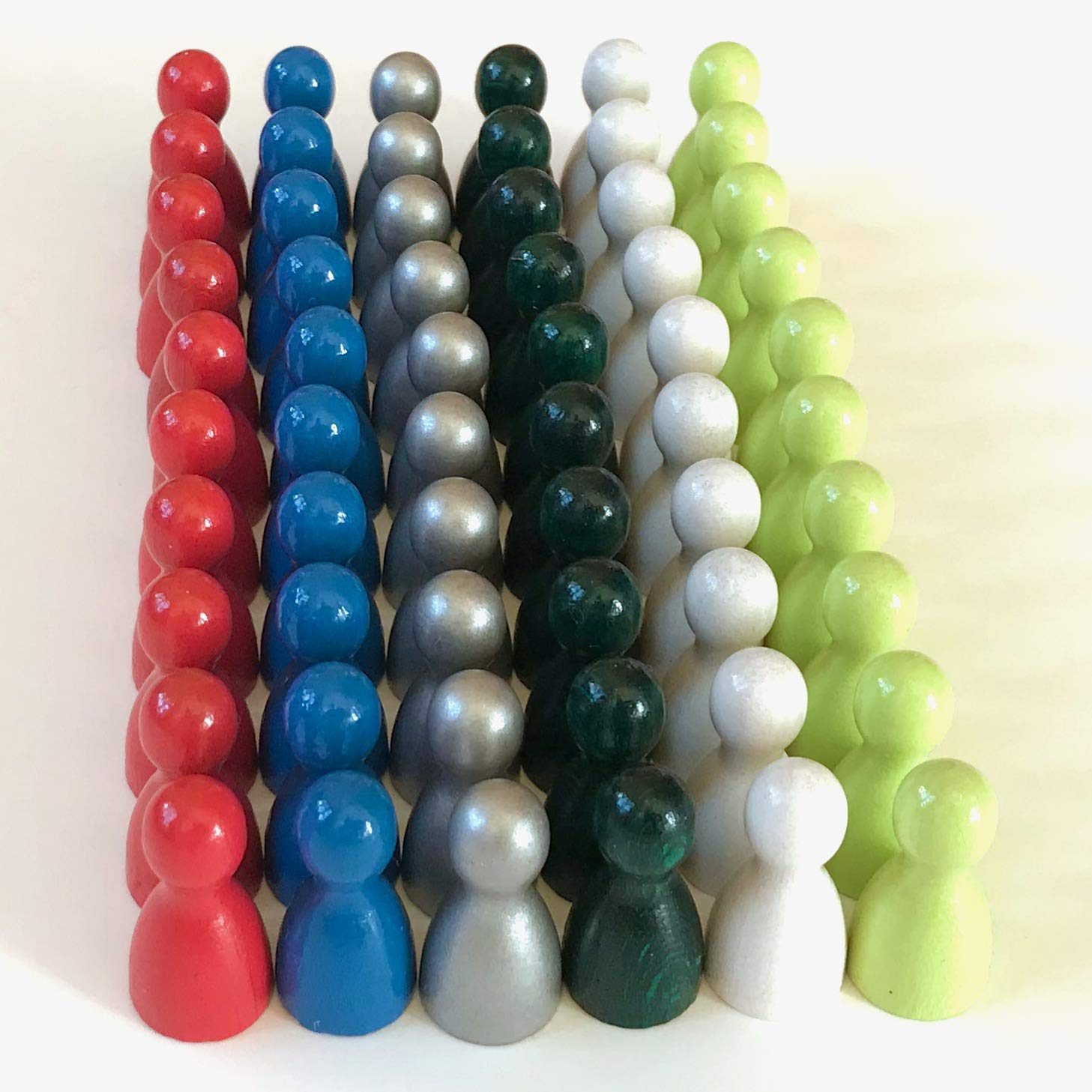 Assortment of Playing Pieces, Olympic: Wooden Halma pawns in Special Colours, Pack of 60 (6 x 10), Colours: White, Lemon, Red, Light Blue, Silver, Dark Green