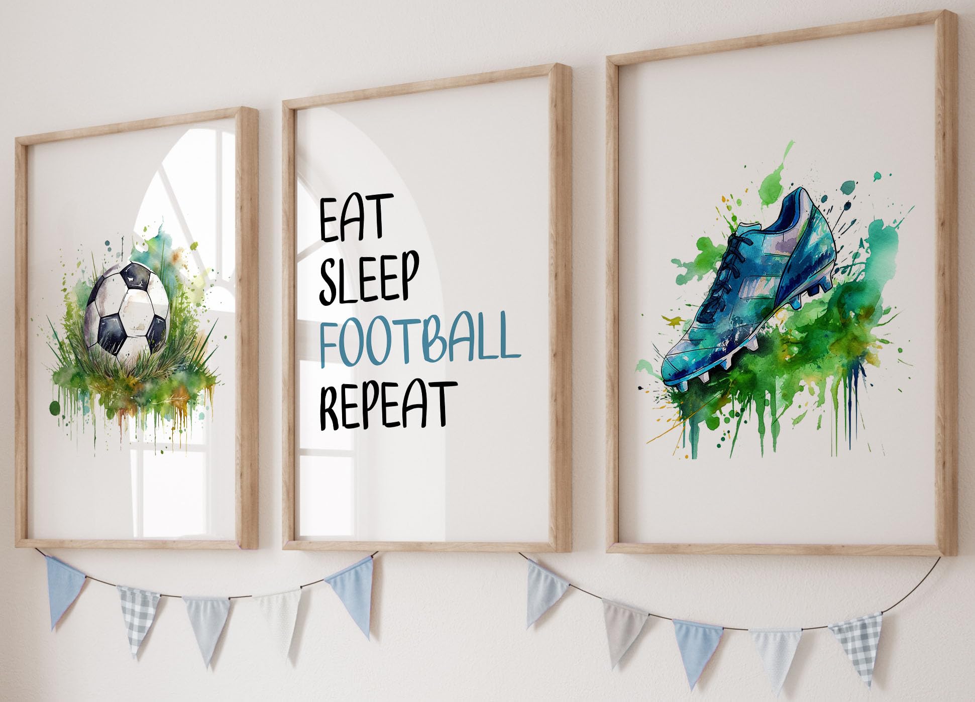 Set of 3 Football Prints: Unframed Wall Art with Boots, Ball & Quote, Green Watercolour Splash for Boys & Girls Bedroom - Eat Sleep Football Repeat (A4)