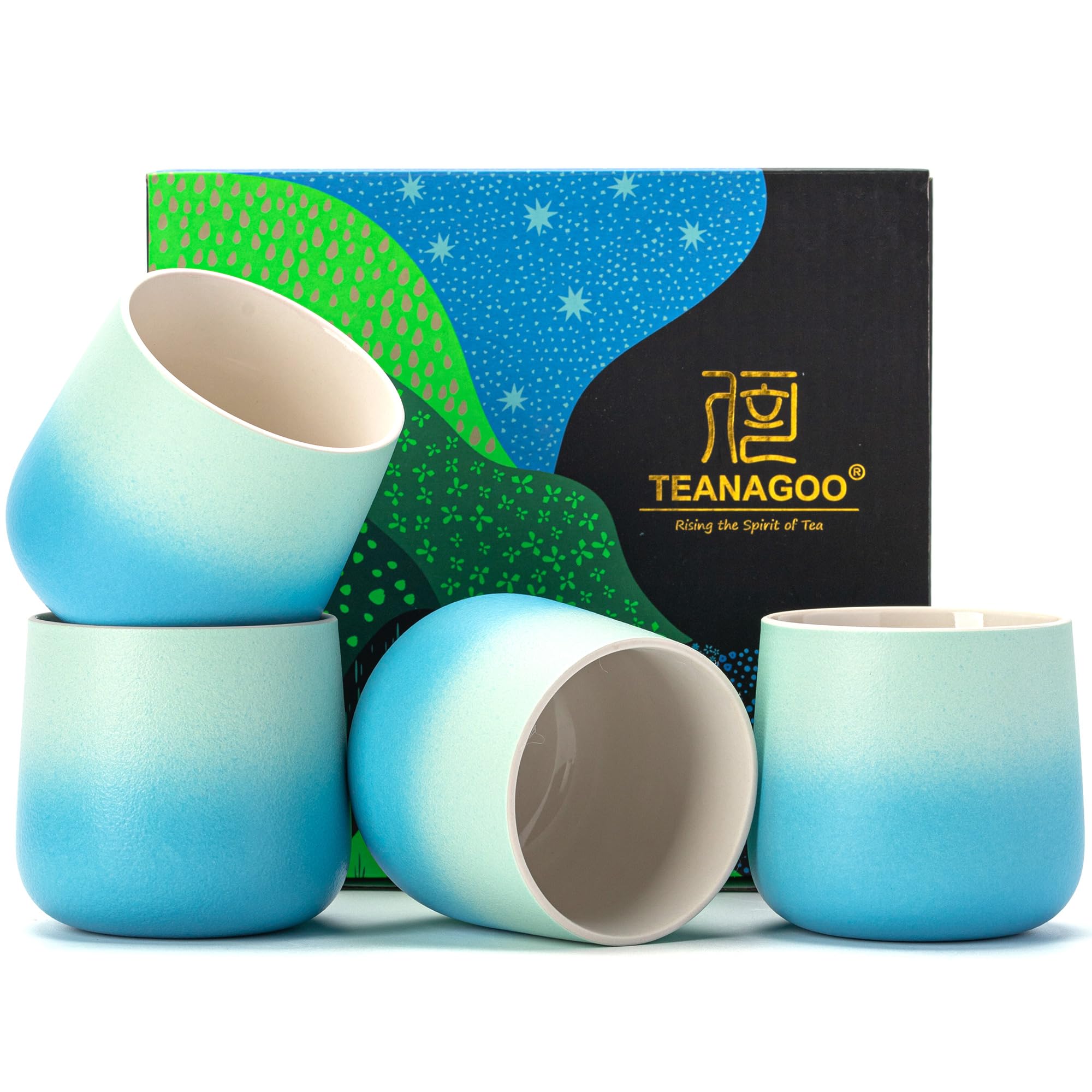 TEANAGOO Ceramic Japanese Tea Cup, 4 Pcs/Box, Occupied Japan Cups, Chinese Cup, Asian Cups no Handles, 5.6Oz / 160 ml, Gradient Blue