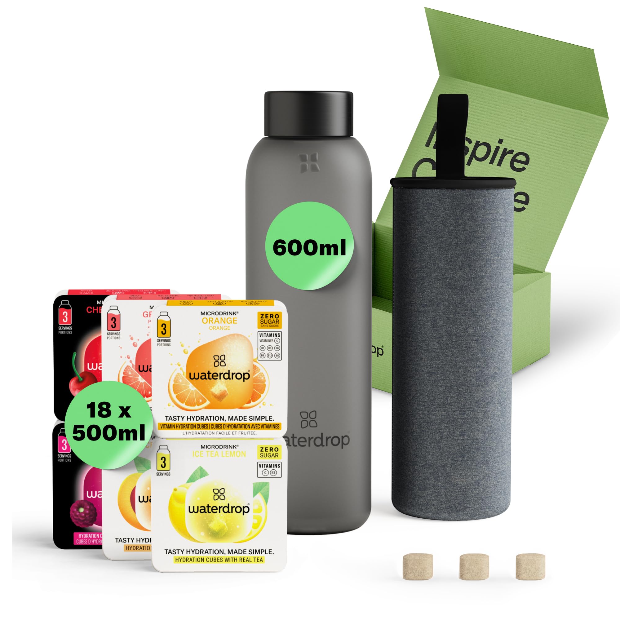 waterdrop® Glass Starter Set – 600ml Borosilicate Glass Bottle + 18 Sugar-Free Microdrink Hydration Cubes in 6 Flavours, Vitamin C & B Infused, BPA Free Water Bottle, Gift Set