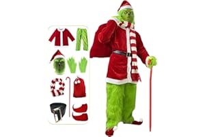 LONGPO Christmas Santa Claus Costume Green Furry Monster Suits Outfit Santa Coat Cosplay Mask Halloween Christmas Costumes for Men