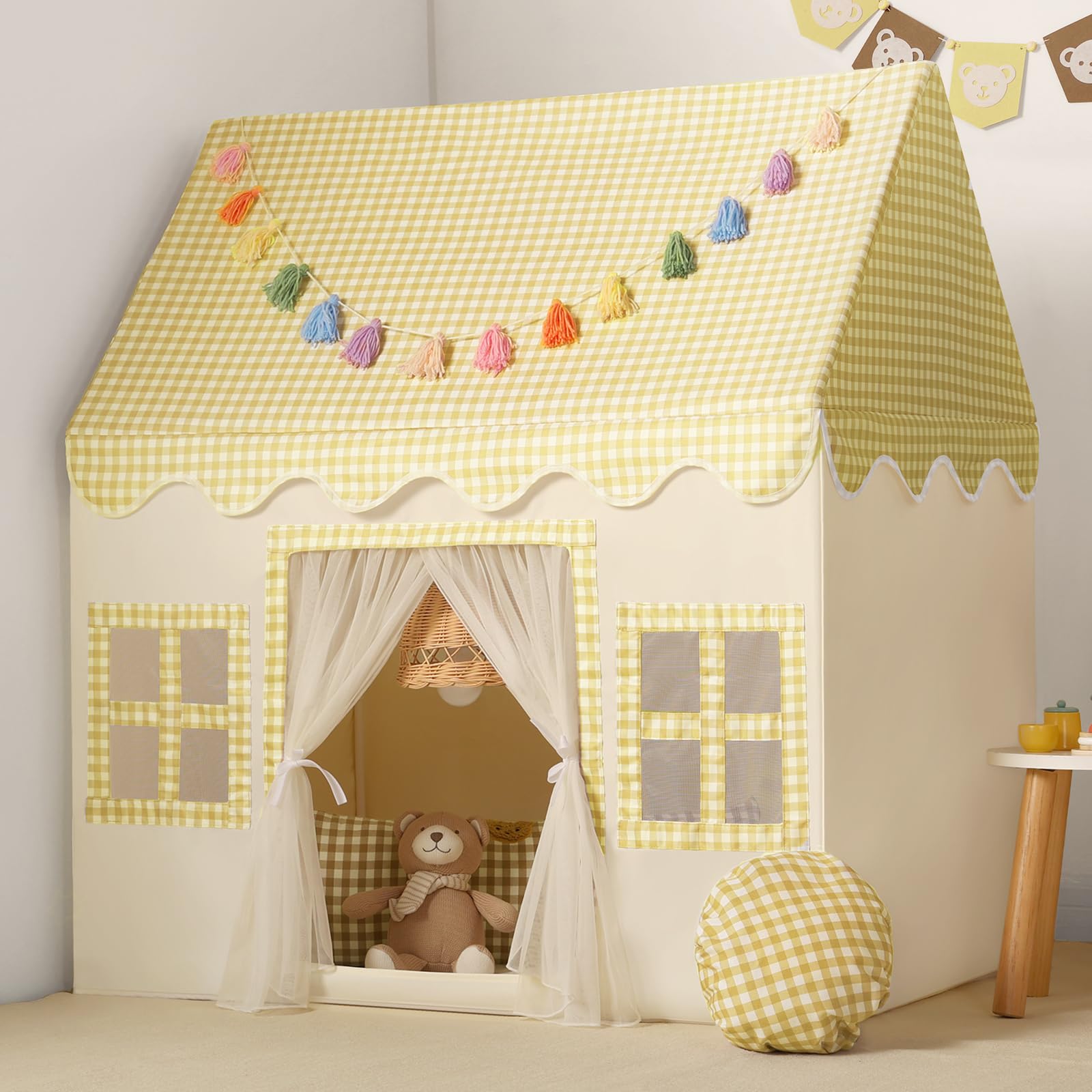 Wilwolfer Kids Play Tents Indoor: Princess PlayHouse with Yellow Checkered & Padded Mat & Colorful Tassel Garland - Cute Toddlers Play House Toys Castle Tents for Boys Girls Room Decor - 67.5ร97ร107.5 โ image 1