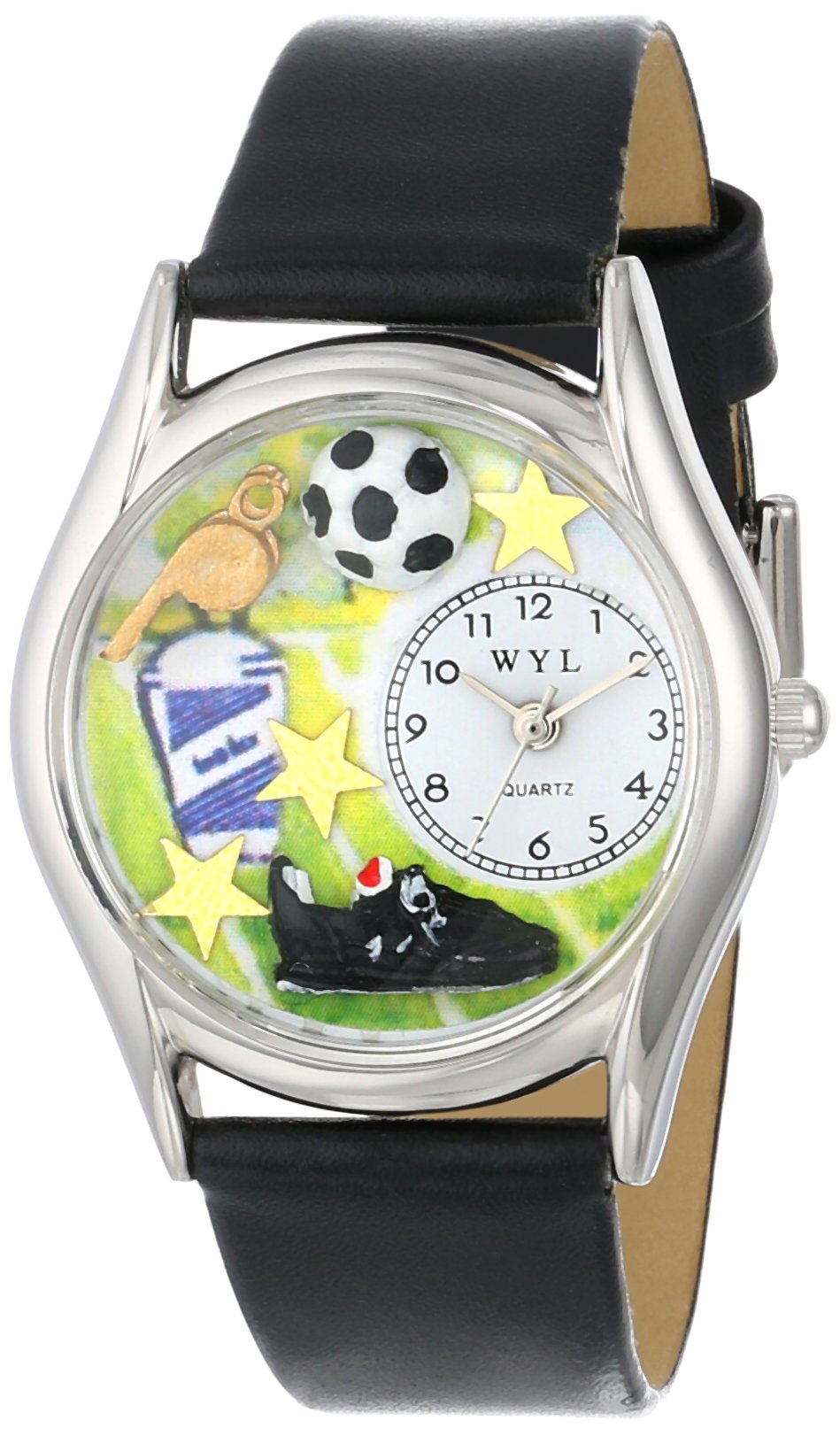 Whimsical Watches Soccer Black Leather and Silvertone Unisex Quartz Watch with White Dial Analogue Display and Multicolour Leather Strap S-0820020