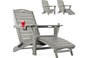 Ciokea Folding Adirondack Chair with Retractable Ottoman, Outdoor Fire Pit Chairs with Pull Out Foot Rest Weather Resistant Lawn Patio Chair with 2 Cup Holder (Gray)