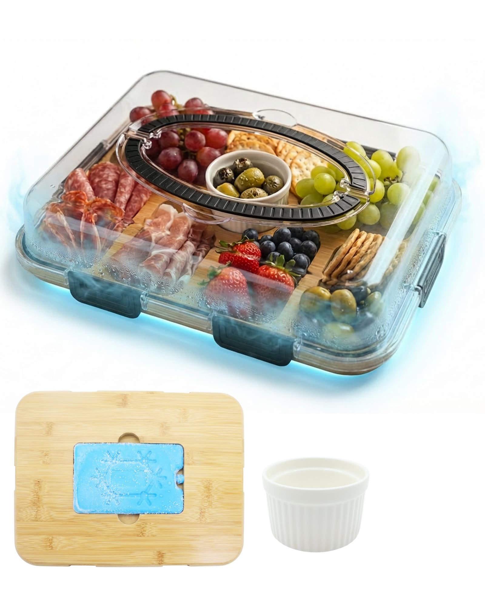 Photo 1 of **ISSUES WITH ICEPACK FITTING TO BOARD *** Charcuterie Board with Lid & Ice, Upgraded 6 Snap Laches, Sauce Cup Included, Large Portable Cheese Tray with Handle, Serving Tray for Picnic & Pool, House Warming Gifts New Home (Black)