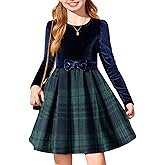 Arshiner Girls Dresses Long Sleeve Velvet Plaid Patchwork Holiday Party Dress with Pockets